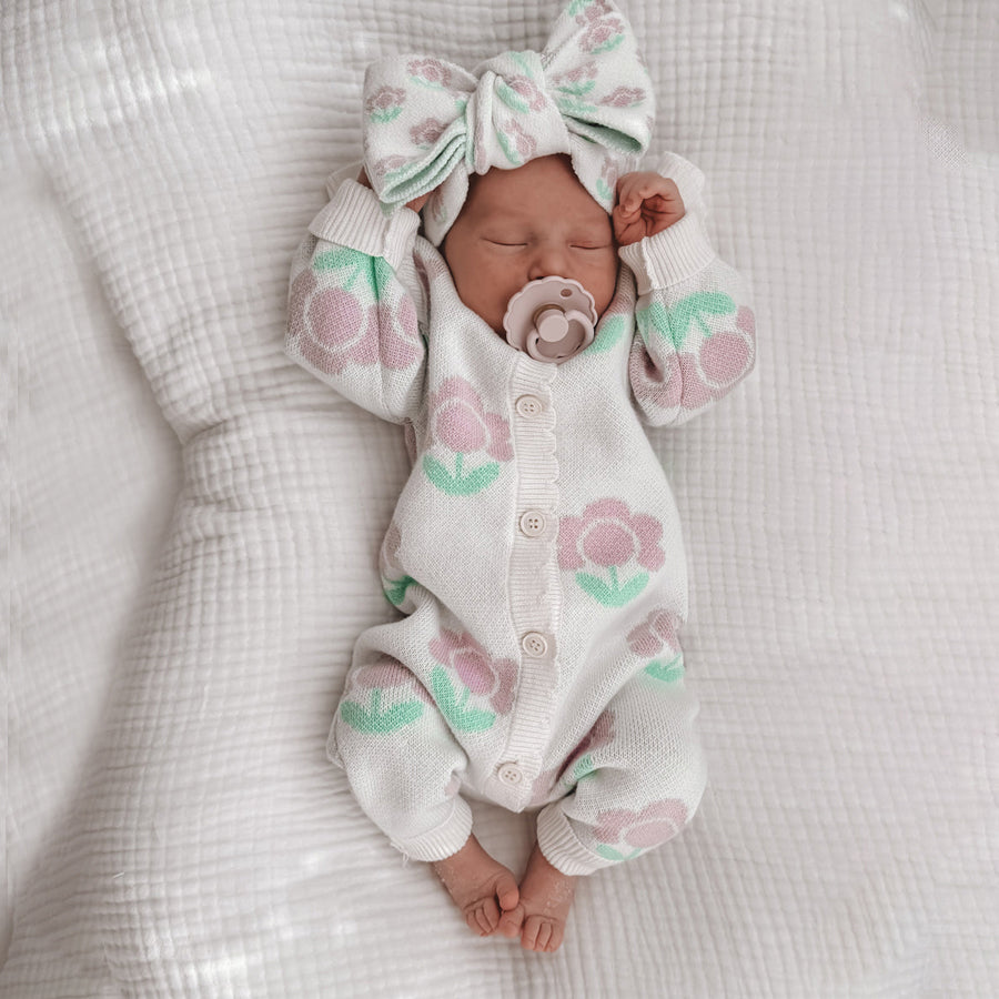 2PCS Floral Printed Knitted Long Sleeve Baby Jumpsuit
