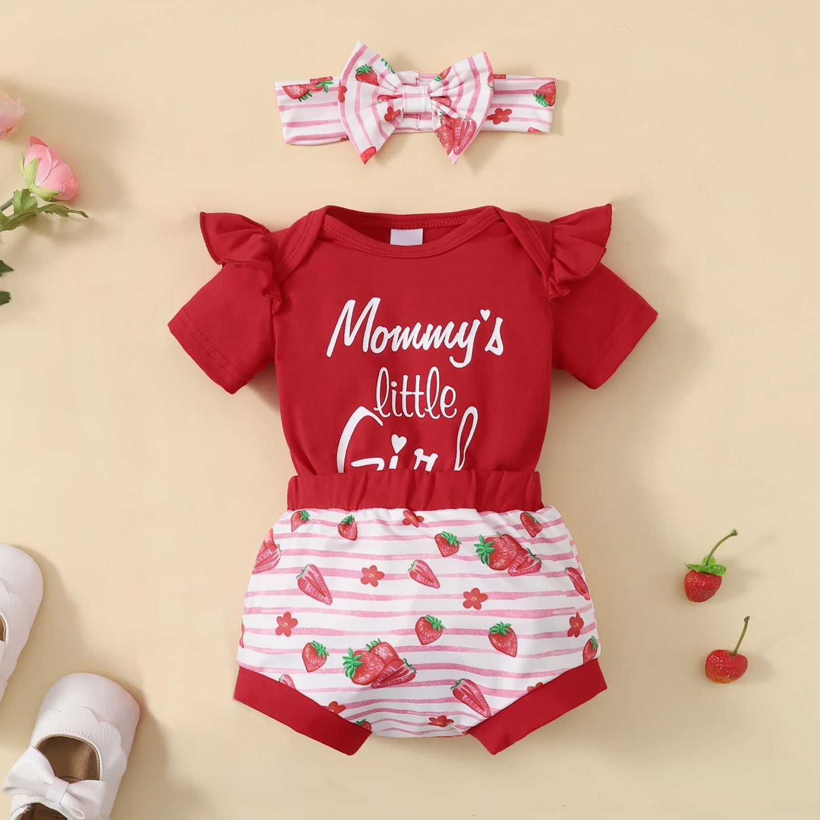 3PCS Mommy's Little Girl Letter Strawberry Stripe Print Baby Set