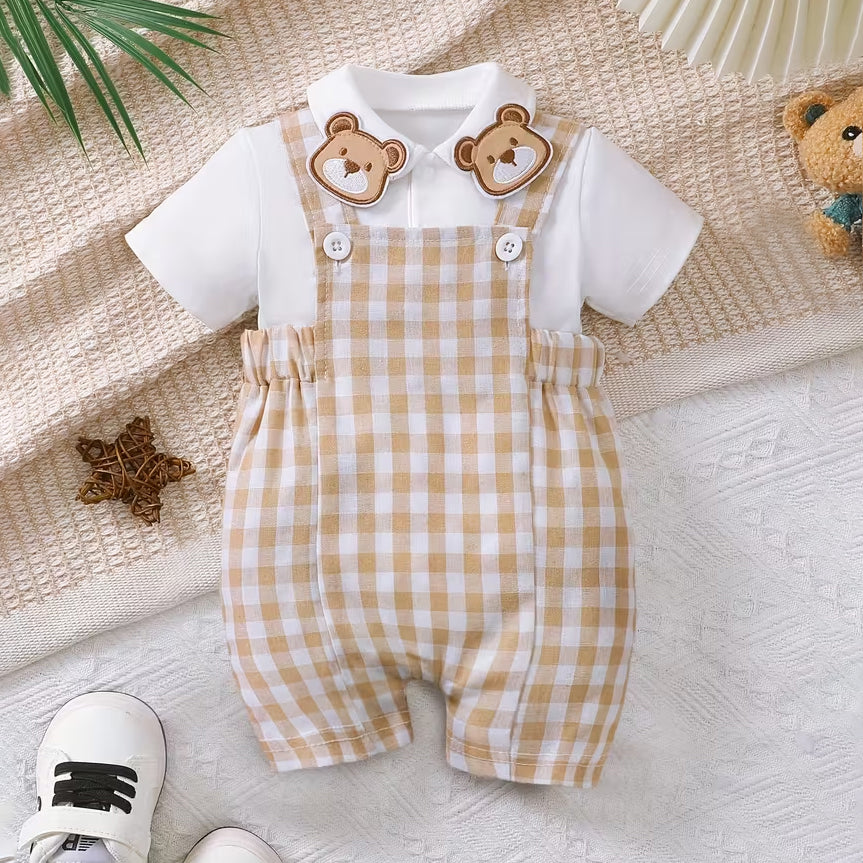 2PCS Casual Bear Plaid Print Overalls Baby Set