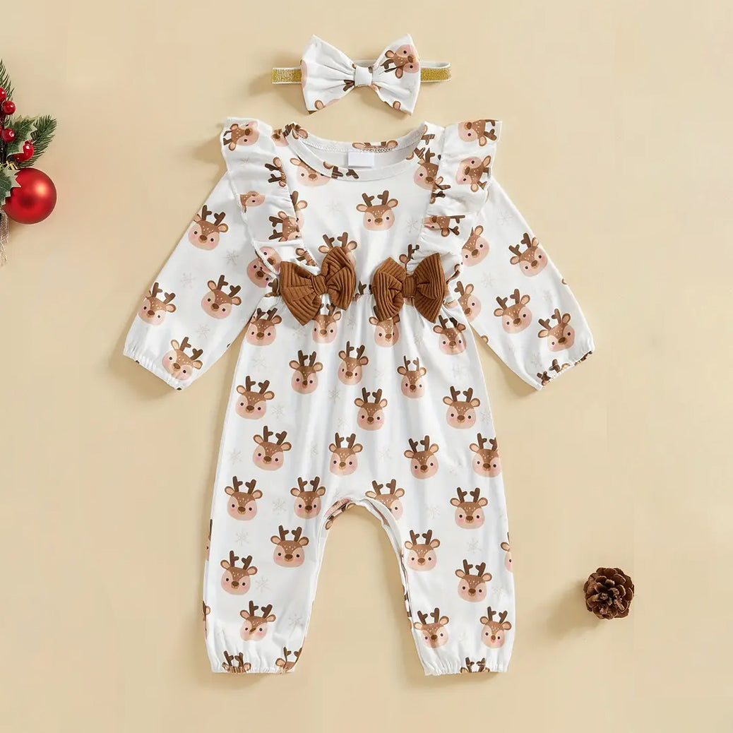 2PCS Lovely Christmas Elk Printed Long Sleeve Baby Jumpsuit