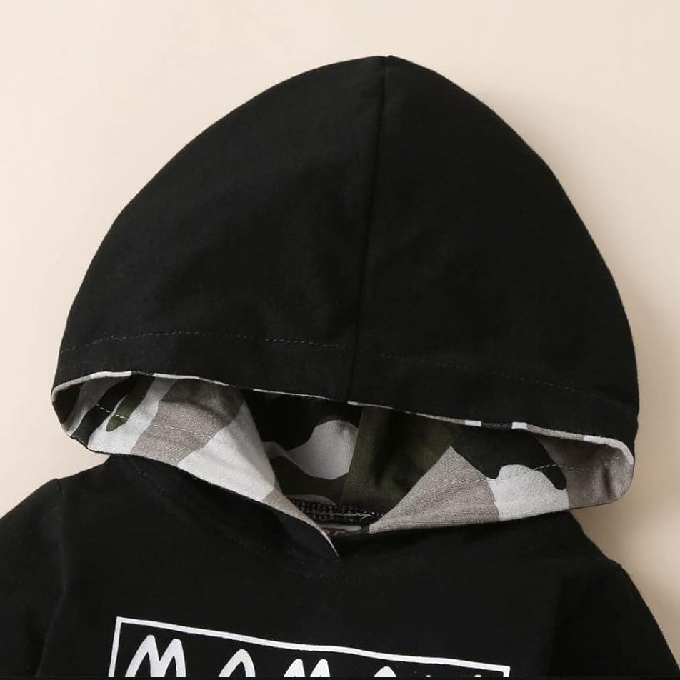 2PCS Mama's Little Man Letter Printed Long Sleeve Hooded Baby Set