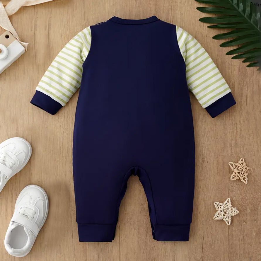 Roar Letter Dinosaur Stripe Printed Baby Jumpsuit