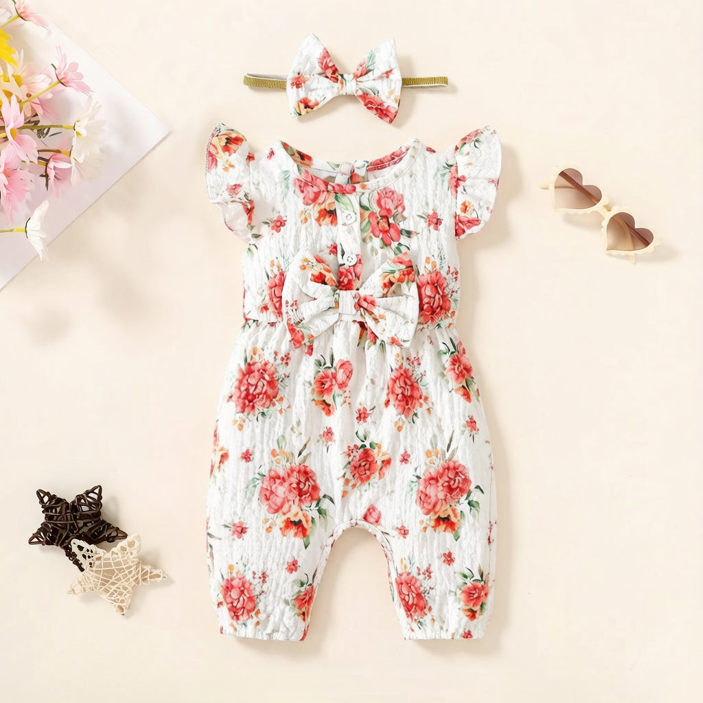 2PCS Cheerful Floral Print Flutter Sleeve Baby Jumpsuit