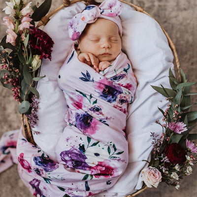 Newborn Sweet Floral Print Sleeping Bag Headband Set