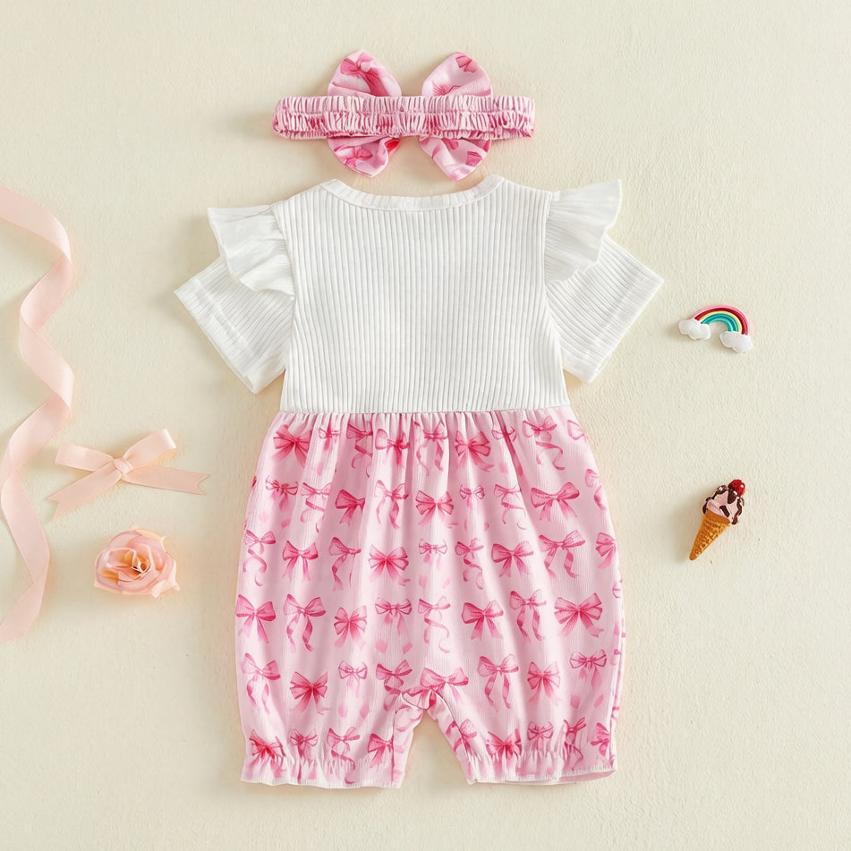 2PCS Lovely Faux Two-Piece Bow Print Short Sleeve Baby Jumpsuit