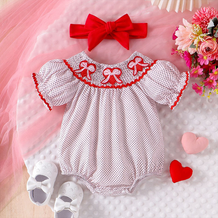 2PCS Bow Heart Embroidery Short Sleeve Baby Romper