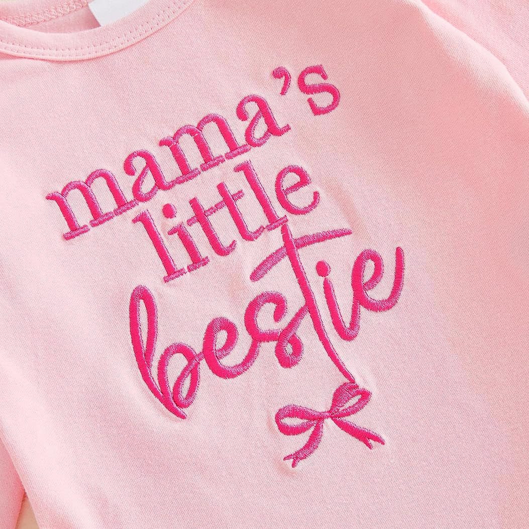 3PCS Mama's Little Bestie Letter Bow Print Long Sleeve Baby Set