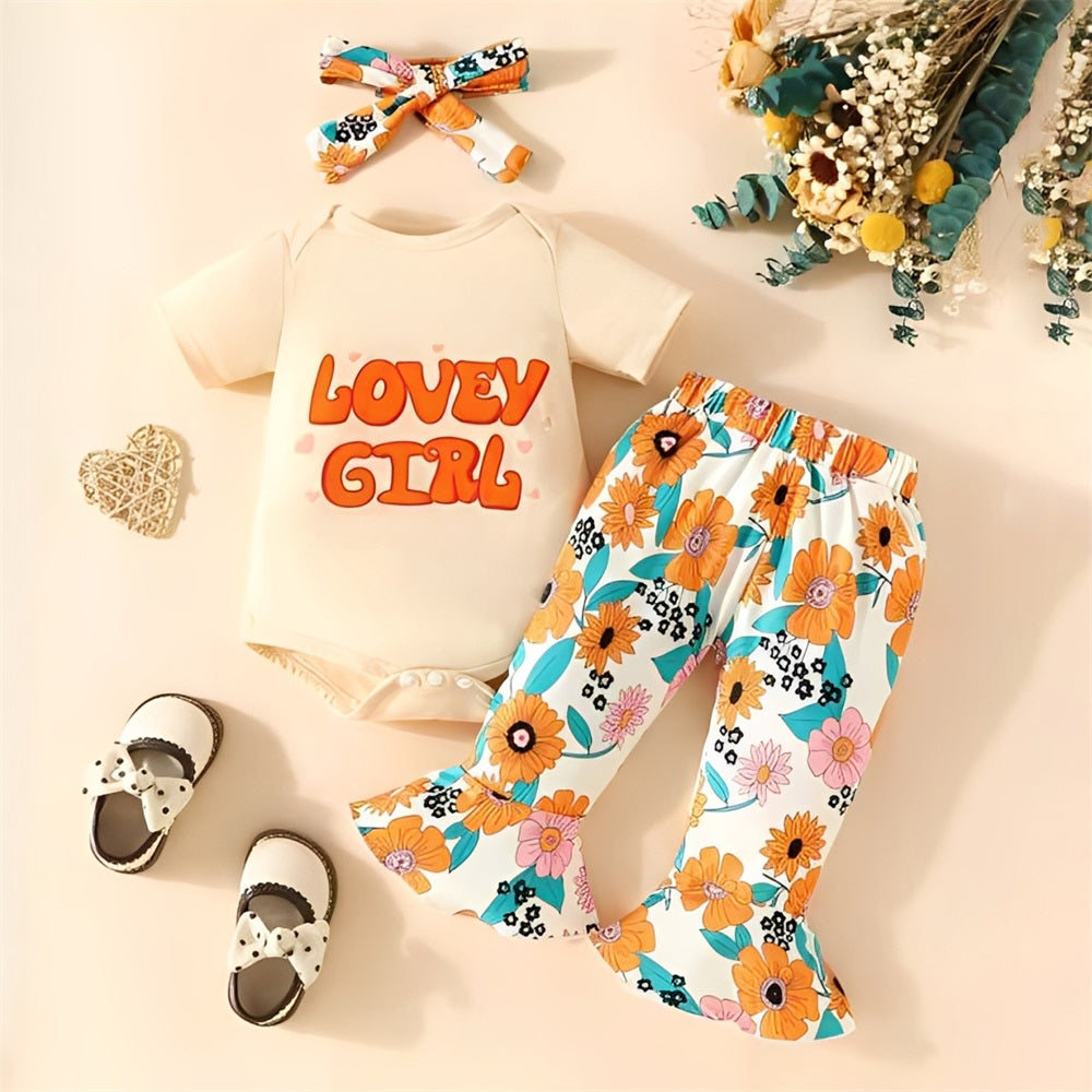 3PCS Lovey Girl Letter Floral Print Short Sleeve Baby Girl Set