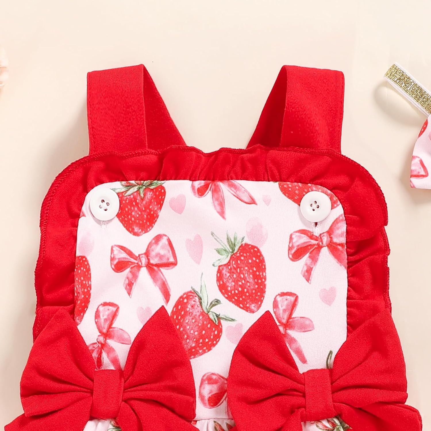 2PCS Sweet Strawberry & Bow Printed Sleeveless Baby Romper