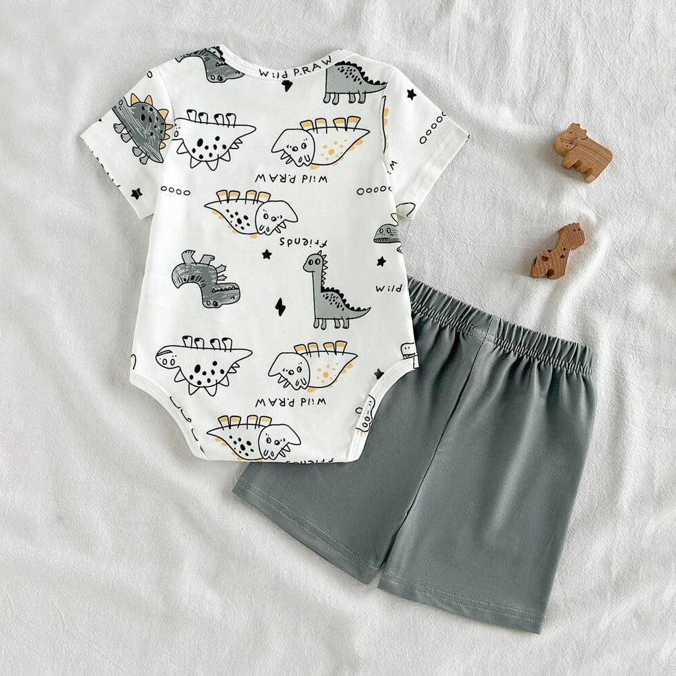 2PCS Athleisure Dinosaur Printed Short Sleeve Baby Boy Set