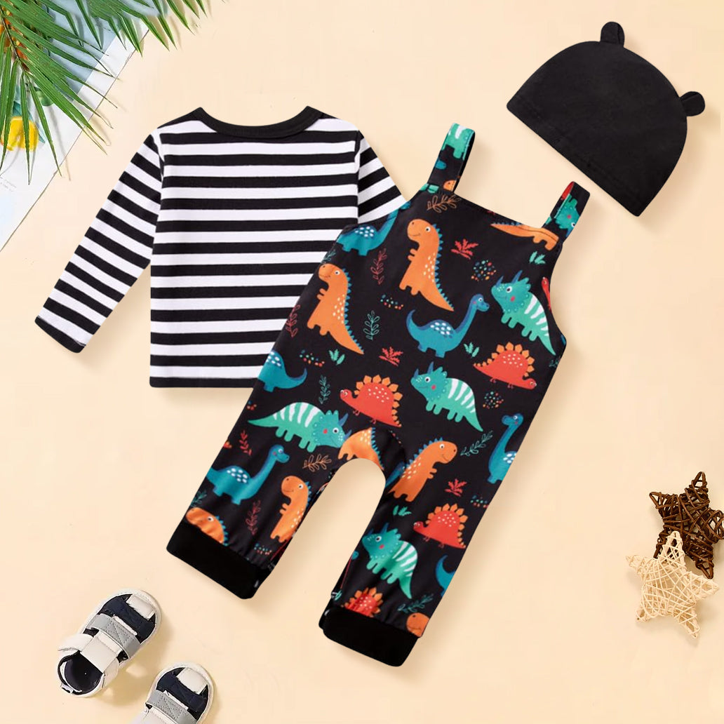 3PCS Dinosaur Striped Long Sleeve Baby Overalls Set