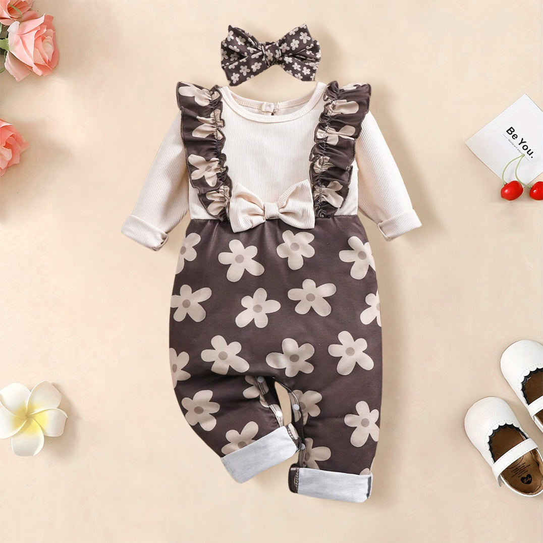 2PCS Dainty Floral Printed Baby Jumpsuit