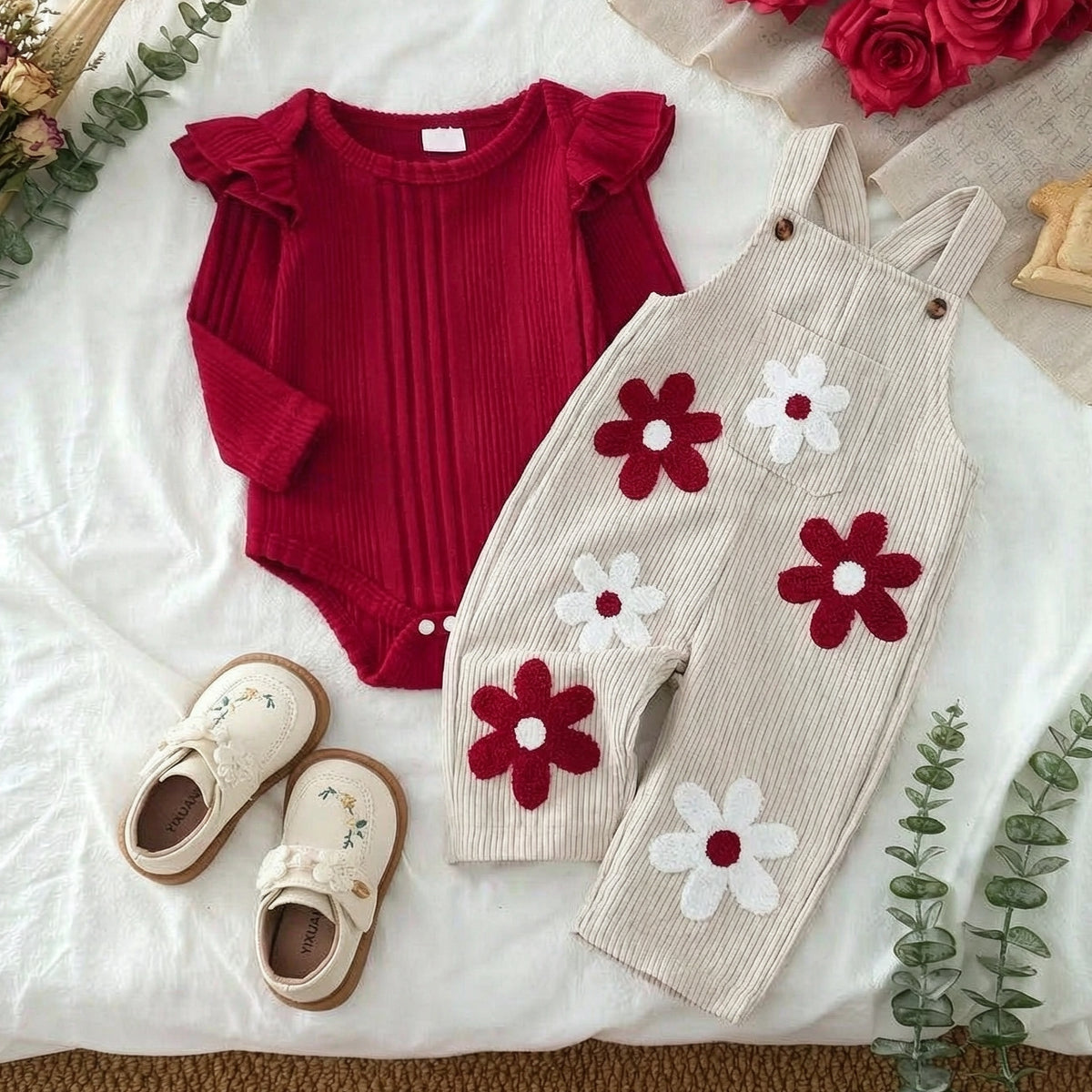 2PCS Vibrant Floral Applique Long Sleeve Baby Corduroy Overalls Set