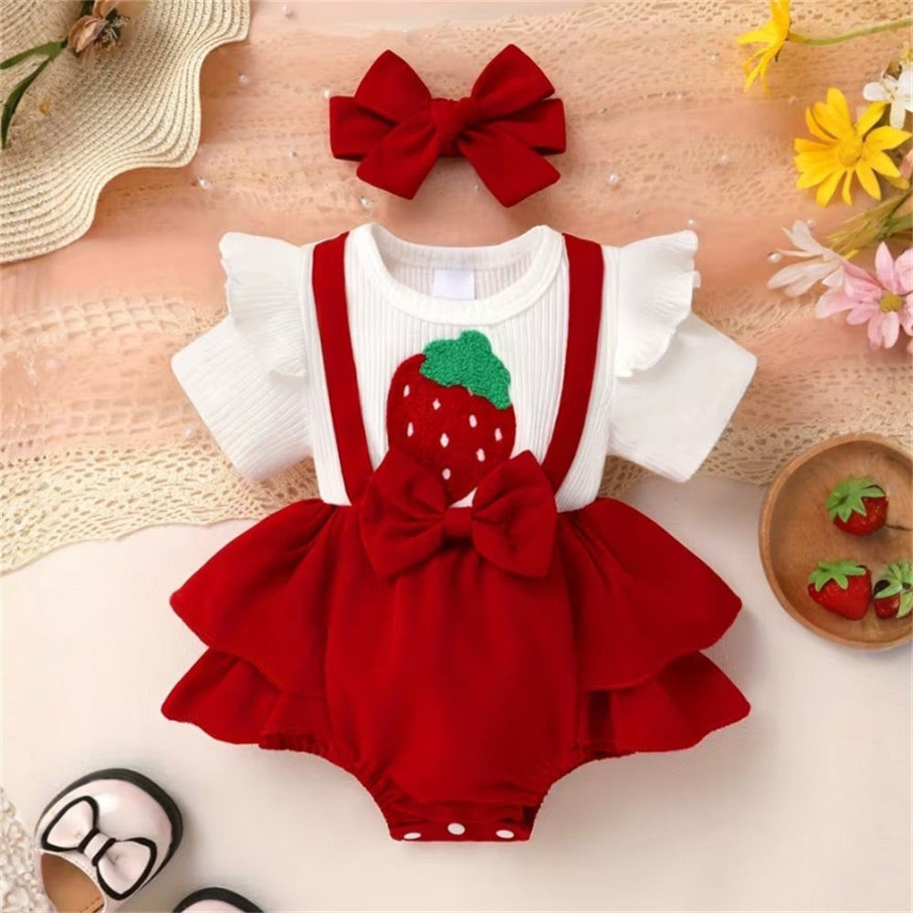 2PCS Cute Strawberry Embroidery Short Sleeve Baby Romper