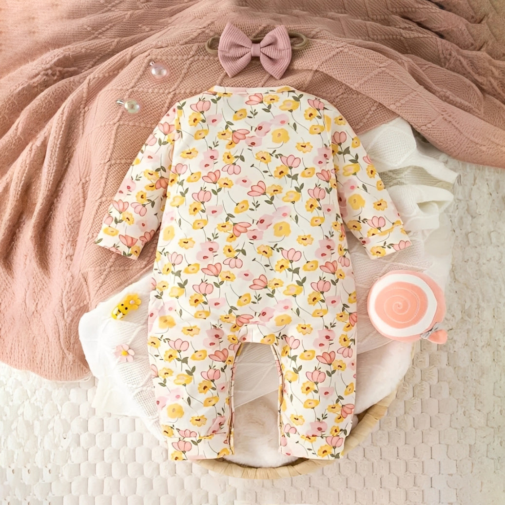 2PCS Bear Floral Printed Long Sleeve Baby Jumpsuit