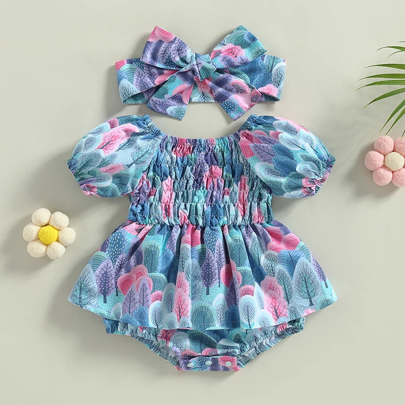 2PCS Allover Leaf Printed Short Sleeve Baby Romper