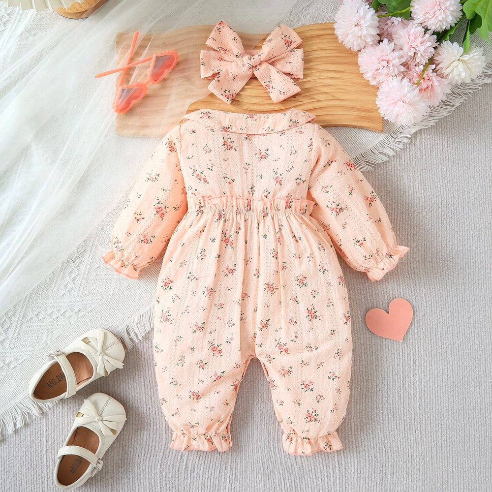 2PCS Delightful Baby Girl Floral Print Bow Long Sleeve Jumpsuit