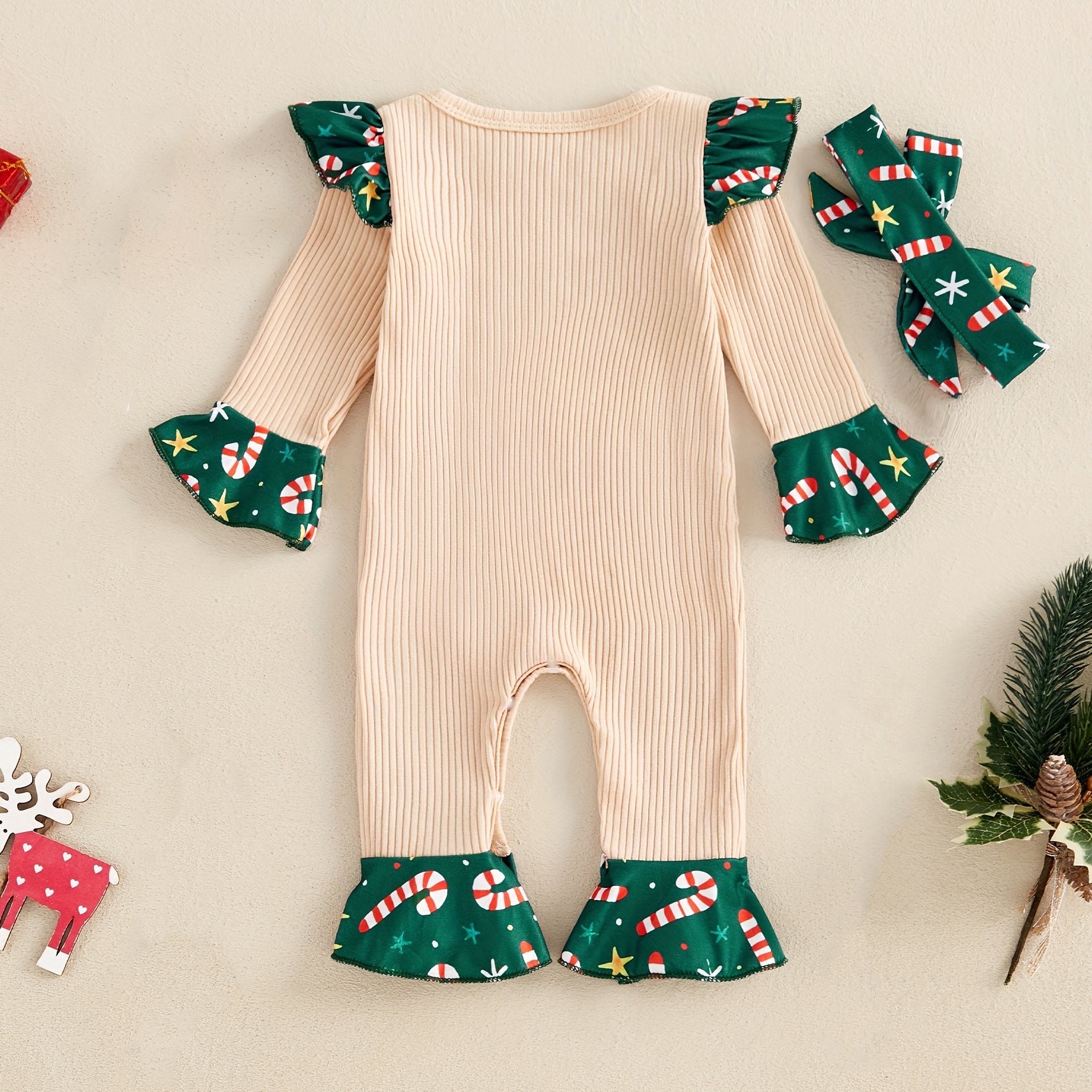 2PCS Candy Cane Cutie Letter and Printed Baby Jumpsuit