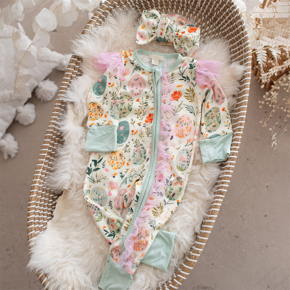 2PCS Pretty Floral Printed Long Sleeve Lace Trim Baby Jumpsuit