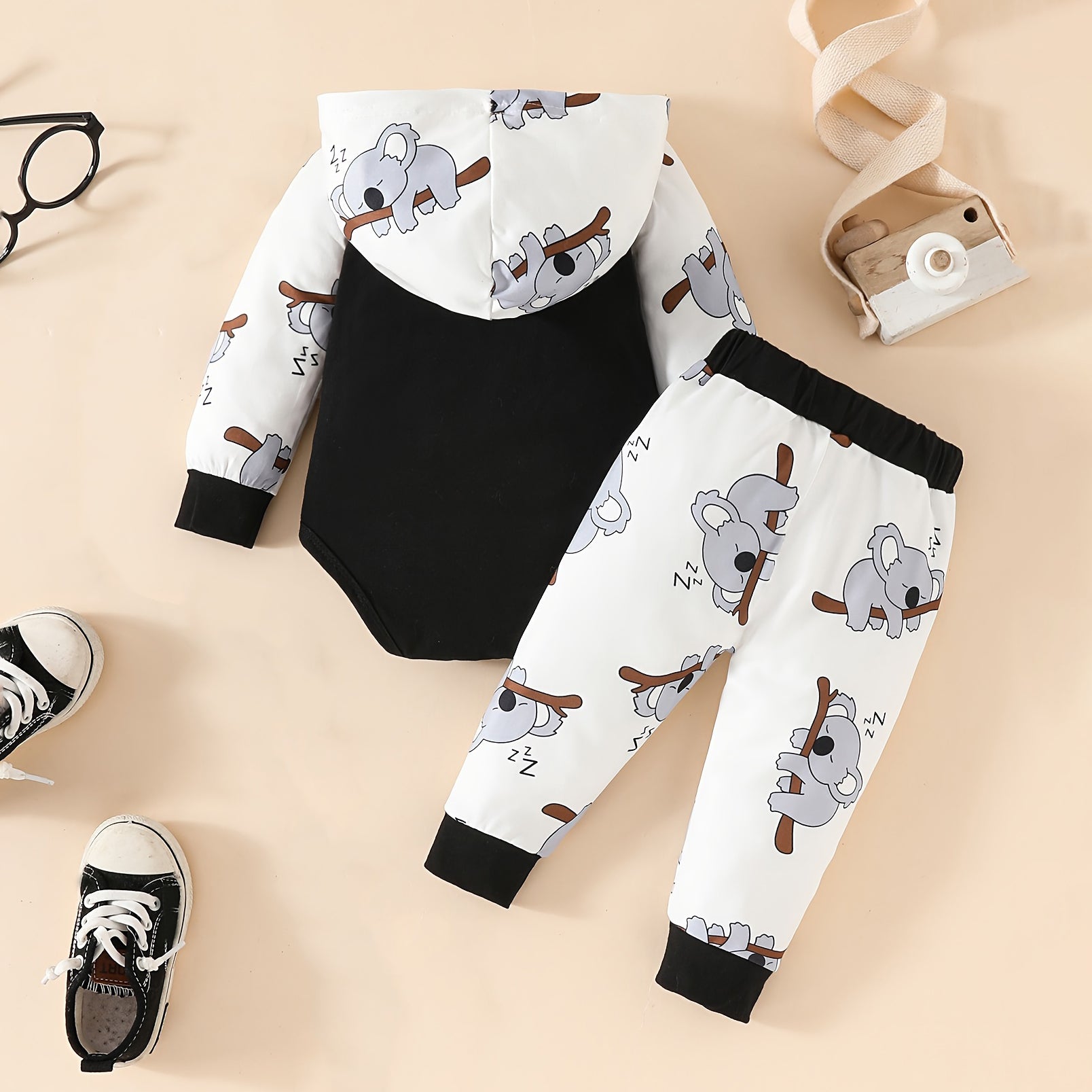 2PCS Sleeping Koala Printed Long Sleeve Hooded Baby Set