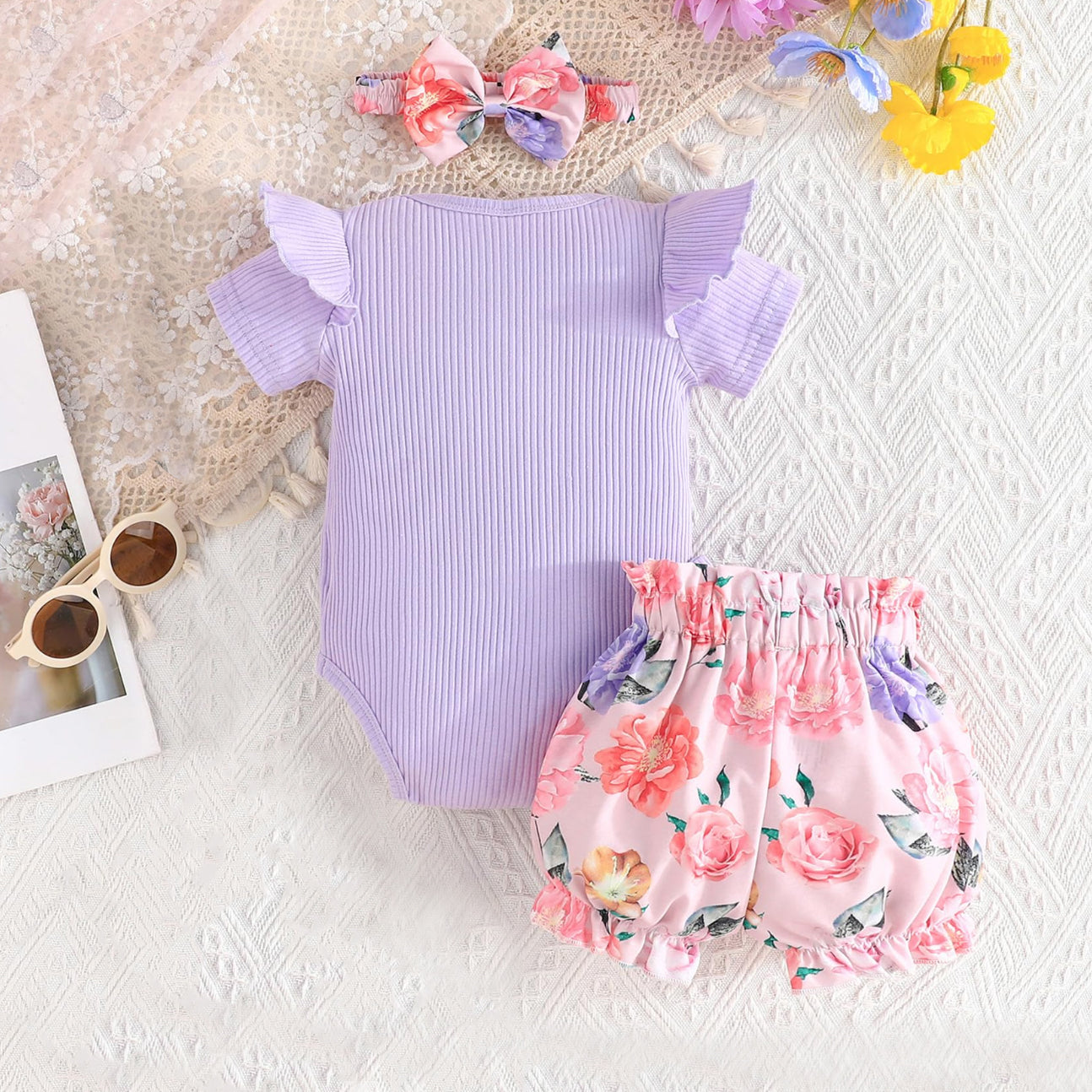 3PCS Pretty Floral Printed Bow Short Sleeves Baby Romper Set