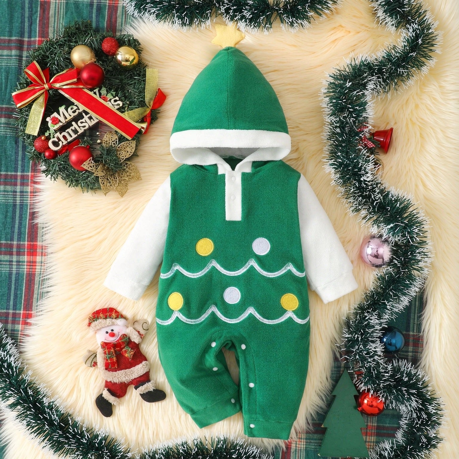 Cartoon Christmas Tree Fleece Long Sleeve Hooded Baby Jumpsuit