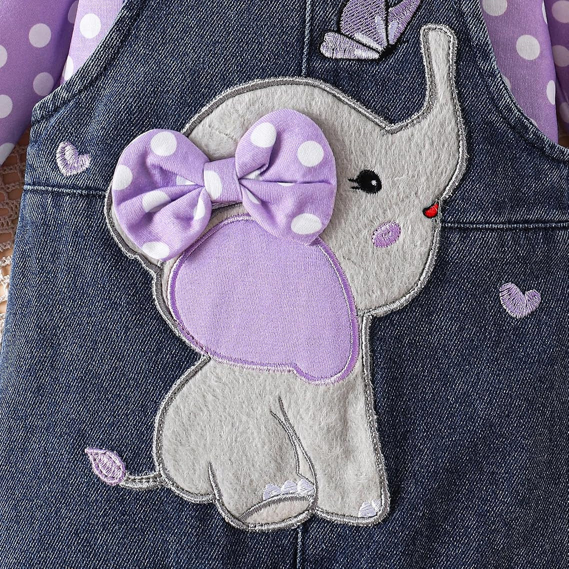3PCS Sweet Polka Dots Print Elephant Embroidery Baby Overalls Set