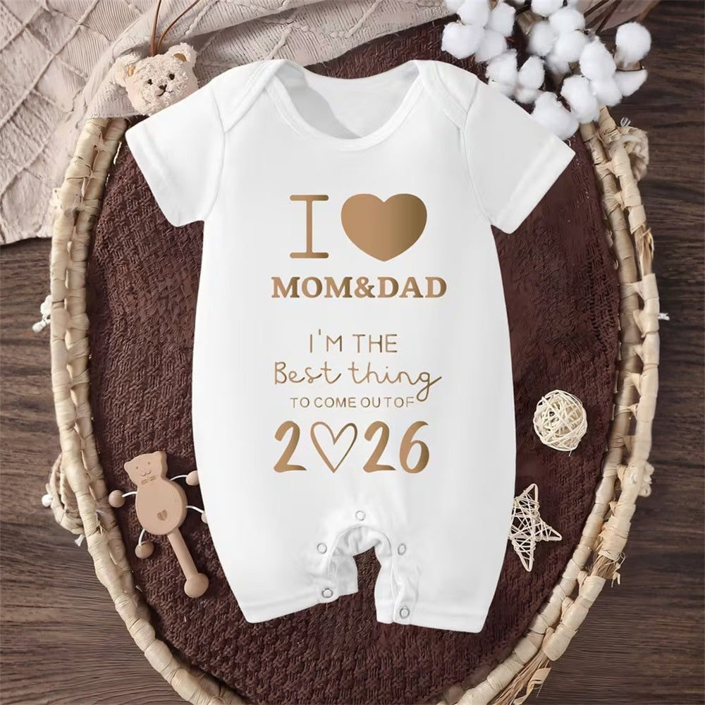 I Love MOM & DAD Letter Printed Short Sleeve Baby Jumpsuit