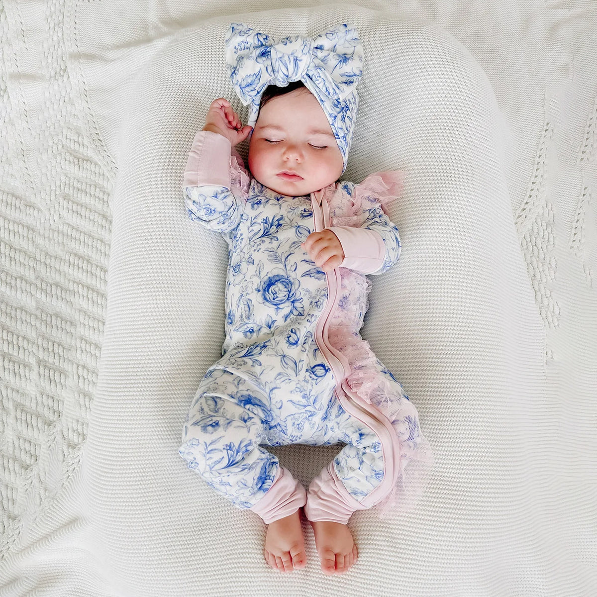 2PCS Baby Girl Floral Print Ruffle Long Sleeve Zipper Jumpsuit