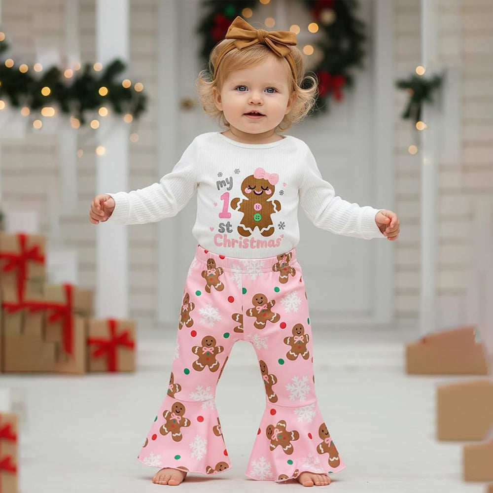 3PCS My 1st Christmas Letter Gingerbread Man Print Baby Girl Set