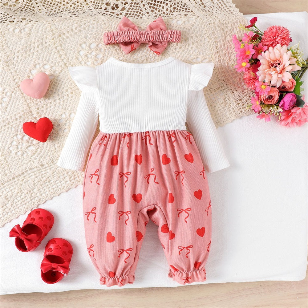 2PCS Cute Heart Bow Print Long Sleeve Baby Jumpsuit