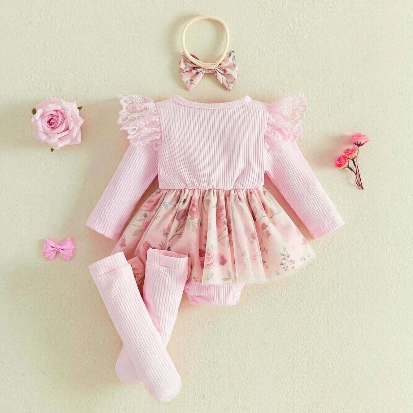 3PCS Gorgeous Floral Printed Ruffle Decor Baby Girl Romper