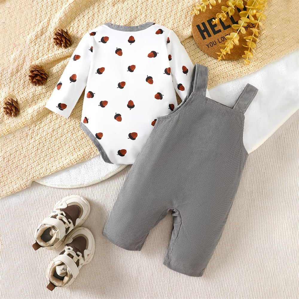 2PCS Cartoon Raccoon Acorn Pattern Printed Baby Overalls Set