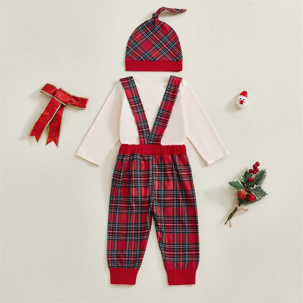3PCS My 1st Christmas Letter Print Plaid Long Sleeve Baby Set