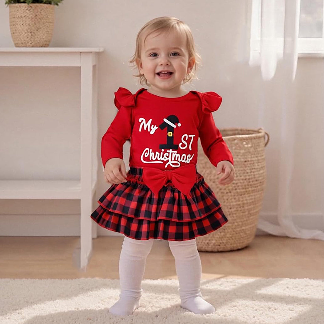 4PCS My 1st Christmas Letter Print Plaid Long Sleeve Baby Set