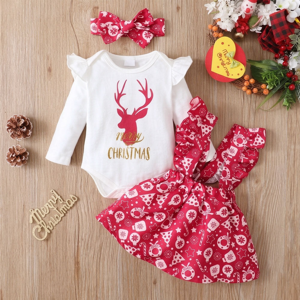 3PCS Merry Christmas Letter Reindeer Print Long Sleeve Baby Set