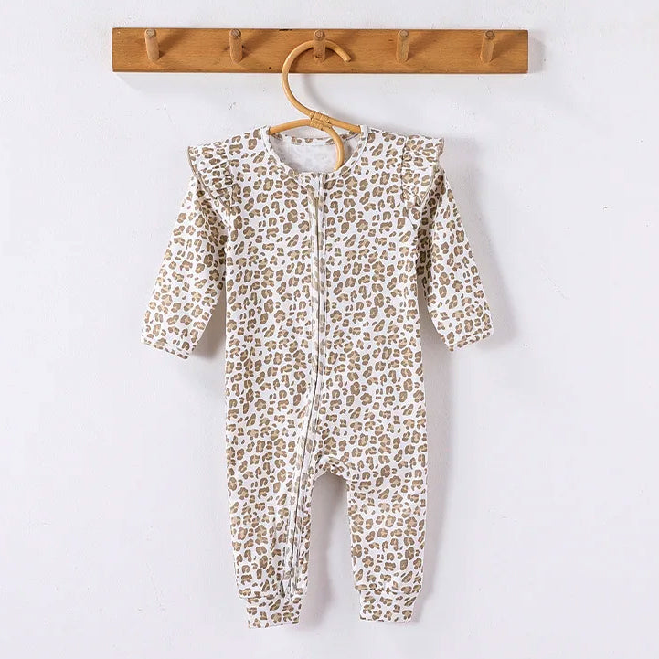 2PCS Allover Leopard Printed Zipper Baby Jumpsuit