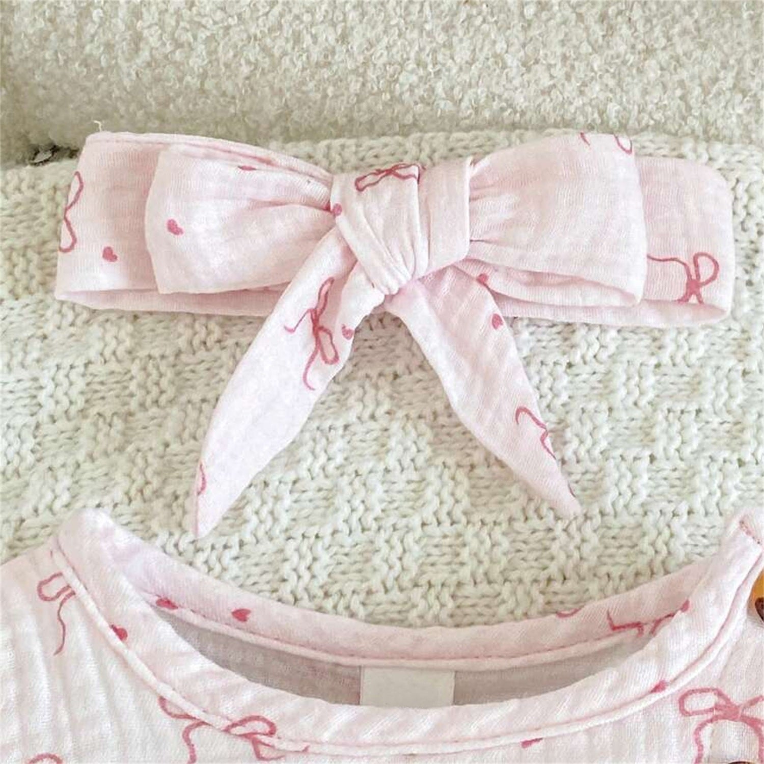 2PCS Pretty Allover Bow Print Ruffle Long Sleeve Baby Jumpsuit