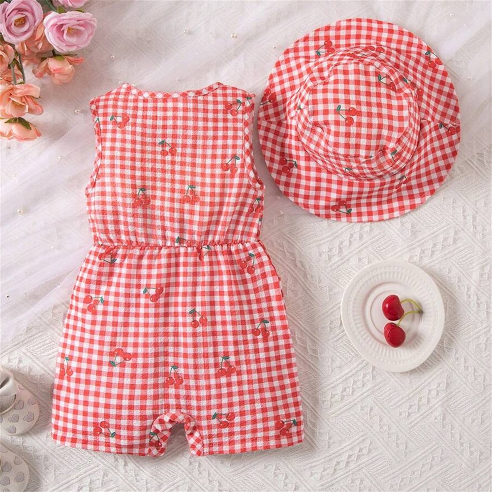 2PCS Cherry Printed Plaid Sleeveless Baby Jumpsuit