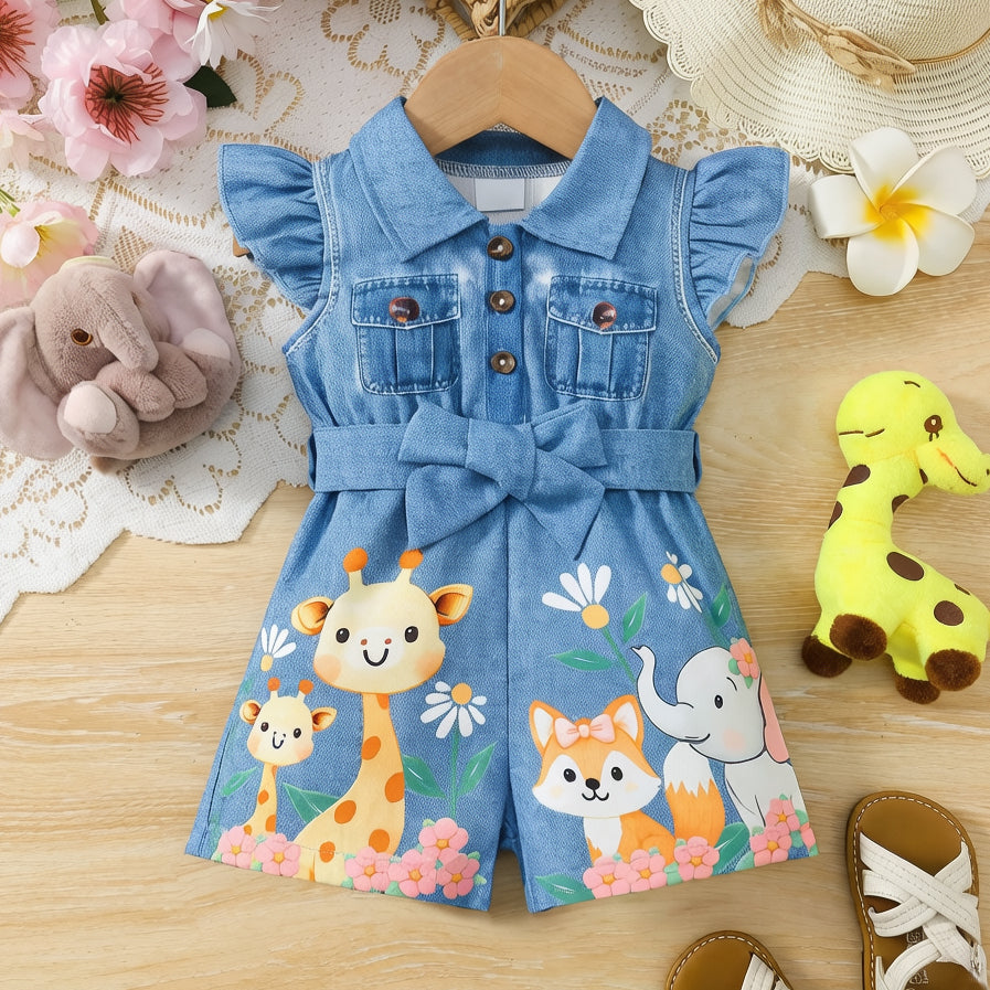 Adorable Animal Print Flutter Sleeve Baby Jumpsuit