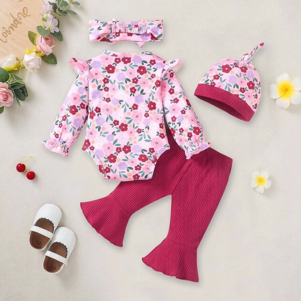 4PCS Colorful Baby Girl Floral Print Bow Long Sleeve Set