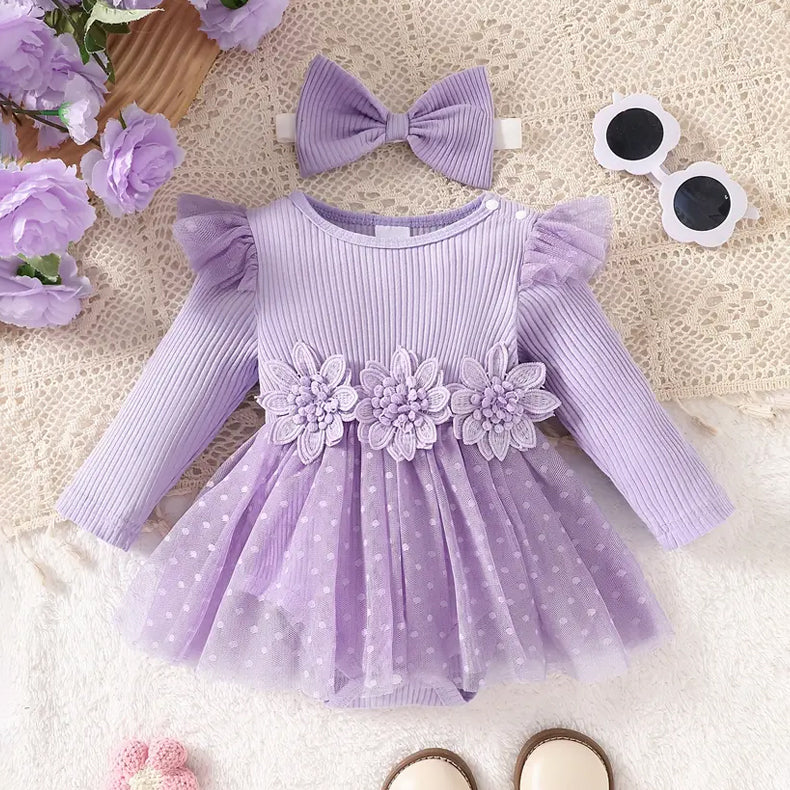 2PCS 3D Flower Applique Ruffle Sleeve Tulle Baby Romper