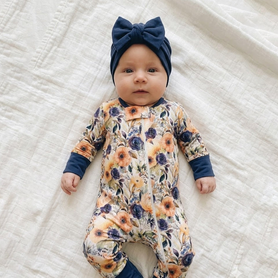 2PCS Romantic Floral Print Long Sleeve Zipper Baby Jumpsuit