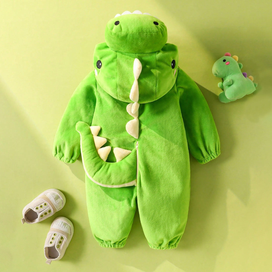 3D Fuzzy Dinosaur Design Zipper Hoodie Baby Jumpsuit