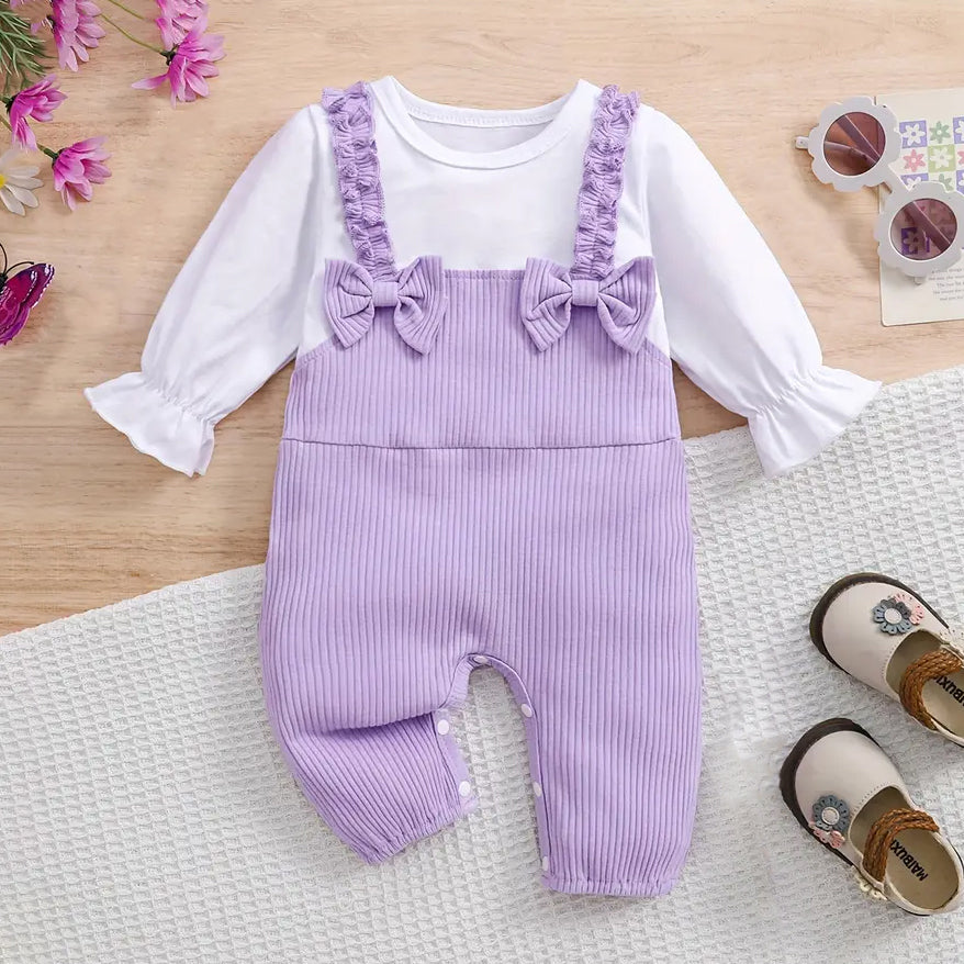 Trendy Bow Decor Faux Two-piece Cotton Long Sleeve Baby Jumpsuit