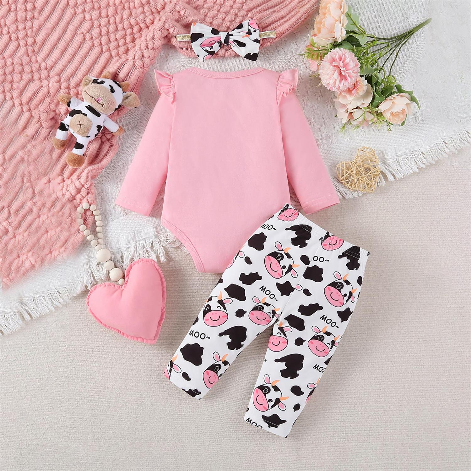 3PCS Cute Cow Printed Long Sleeve Baby Girl Set