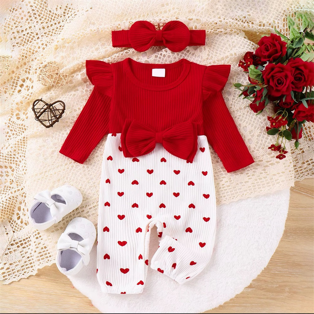 2PCS Dainty Heart Printed Long Sleeve Baby Jumpsuit