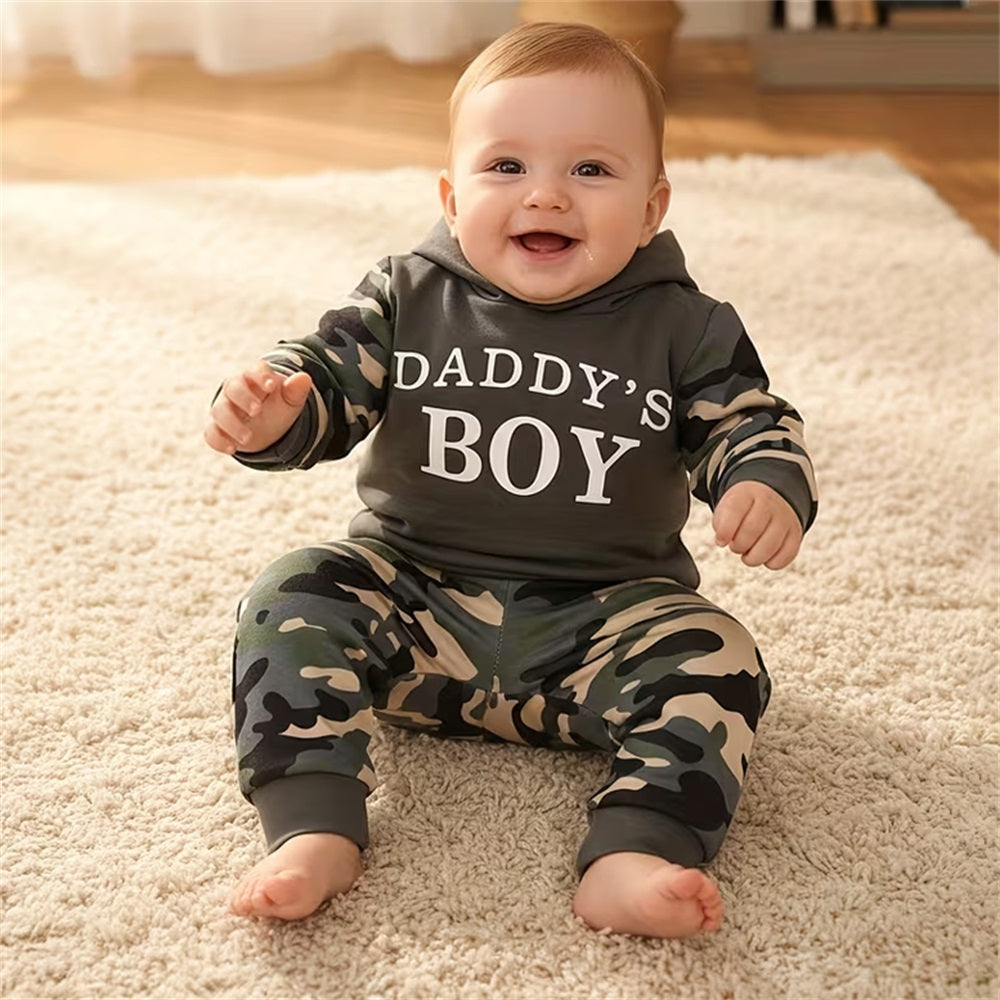 2PCS Daddy's Boy Letter Print Camouflage Long Sleeve Baby Set