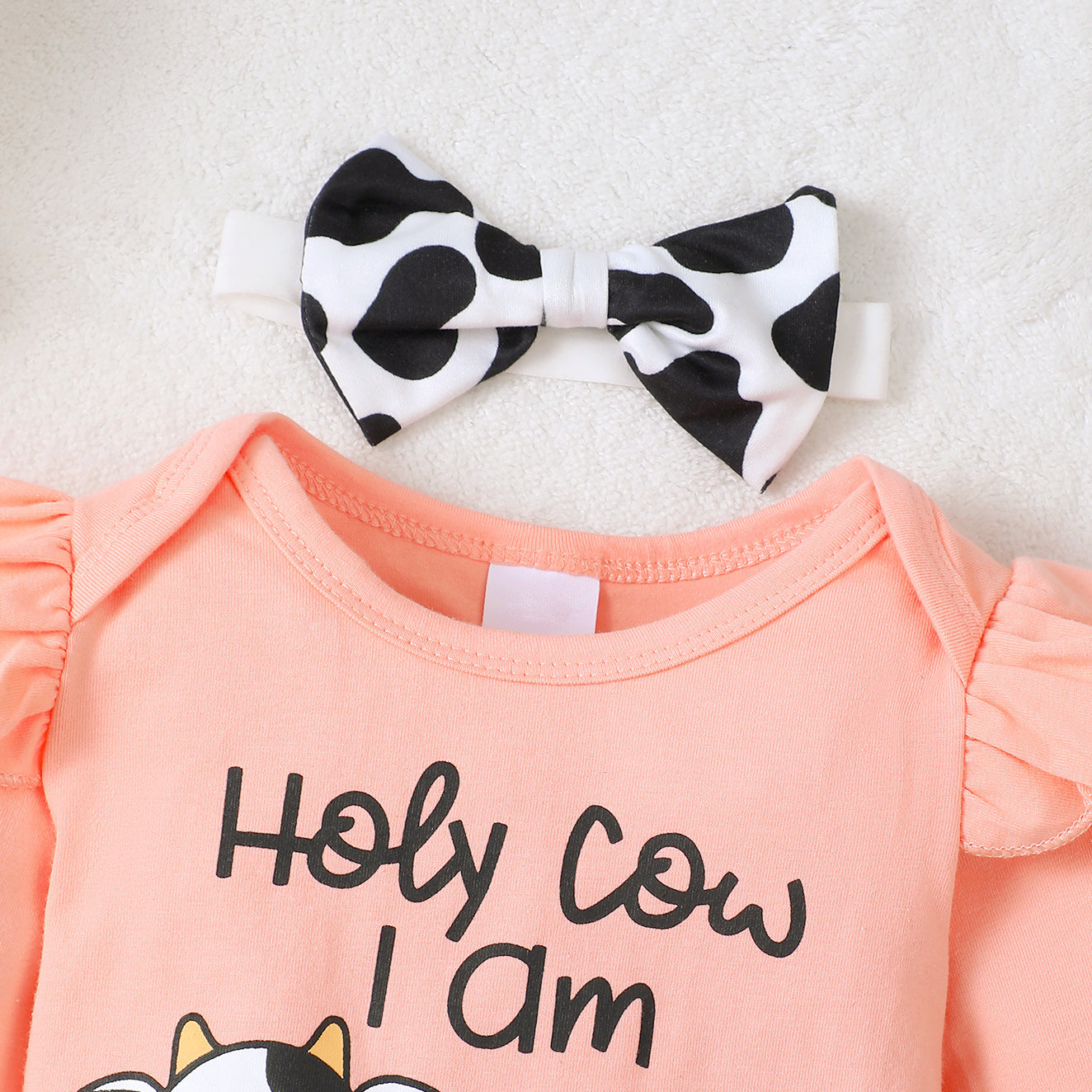 3PCS Holy Cow I Am One Letter Cow Printed Long Sleeve Baby Set