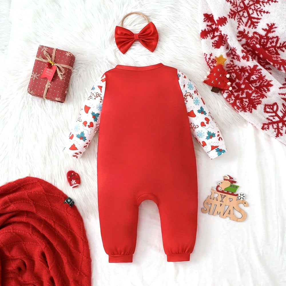 2PCS Lovely Mama Claus Letter Holiday Print Bow Baby Girl Jumpsuit